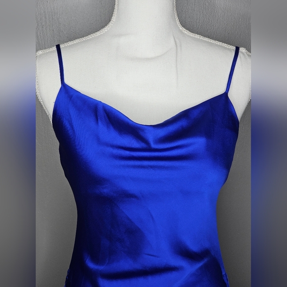 LULU'S Blue Cowl Neck Ruched Mini to Midi Satin Spaghetti Strap Dress. Small - Picture 3 of 11